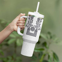Philippines Barong Style Tumbler With Handle with Polynesian Art and Leaf Motif Black-White Color LT03 - Polynesian Pride