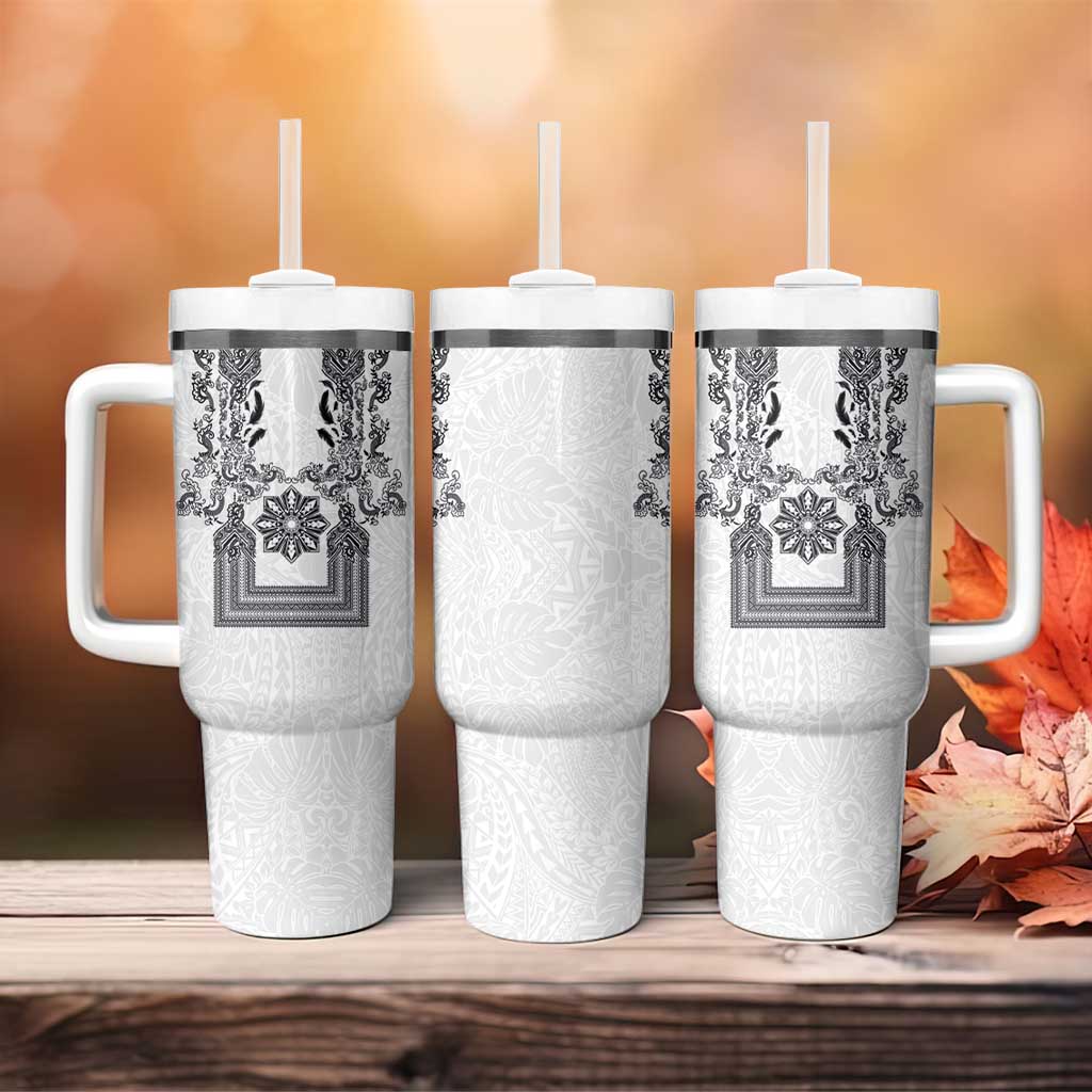 Philippines Barong Style Tumbler With Handle with Polynesian Art and Leaf Motif Black-White Color LT03 - Polynesian Pride