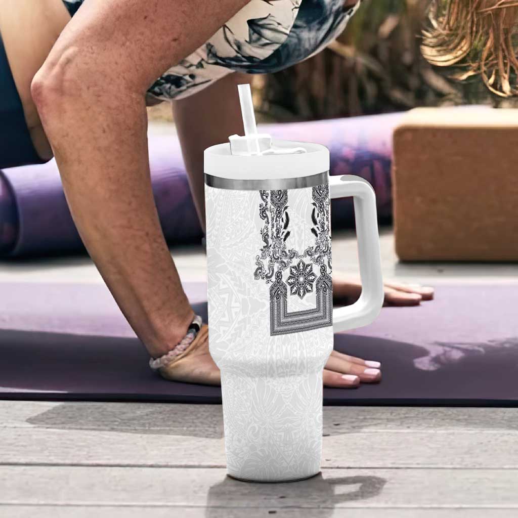 Philippines Barong Style Tumbler With Handle with Polynesian Art and Leaf Motif Black-White Color LT03 - Polynesian Pride