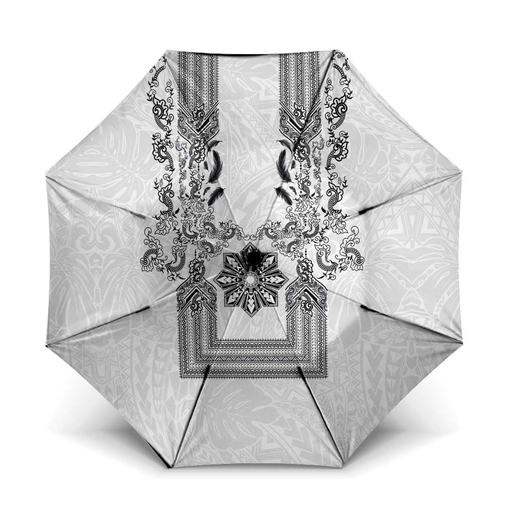 Philippines Barong Style Umbrella with Polynesian Art and Leaf Motif Black-White Color LT03 One Size Folded 11.42 inch Opened Diameter 37.4 inch White - Polynesian Pride