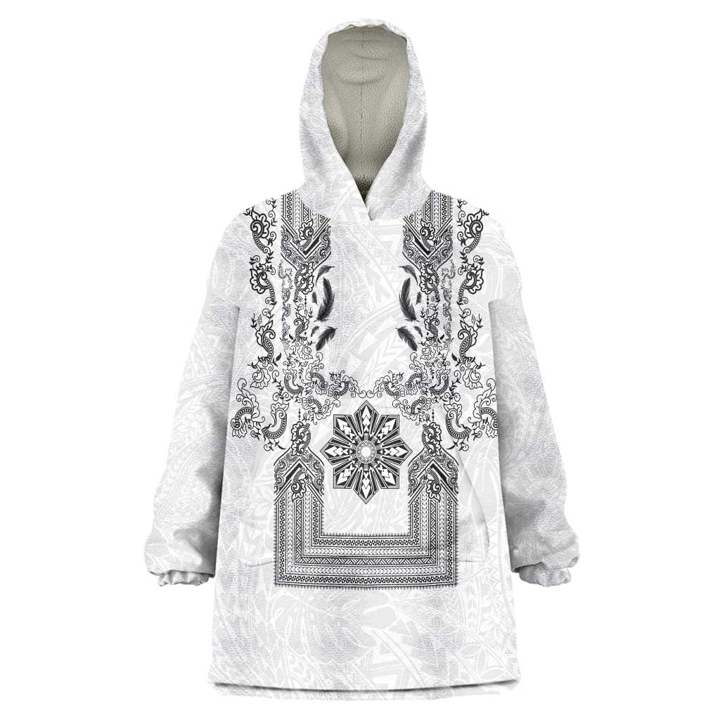 Philippines Barong Style Wearable Blanket Hoodie with Polynesian Art and Leaf Motif Black-White Color LT03 One Size White - Polynesian Pride