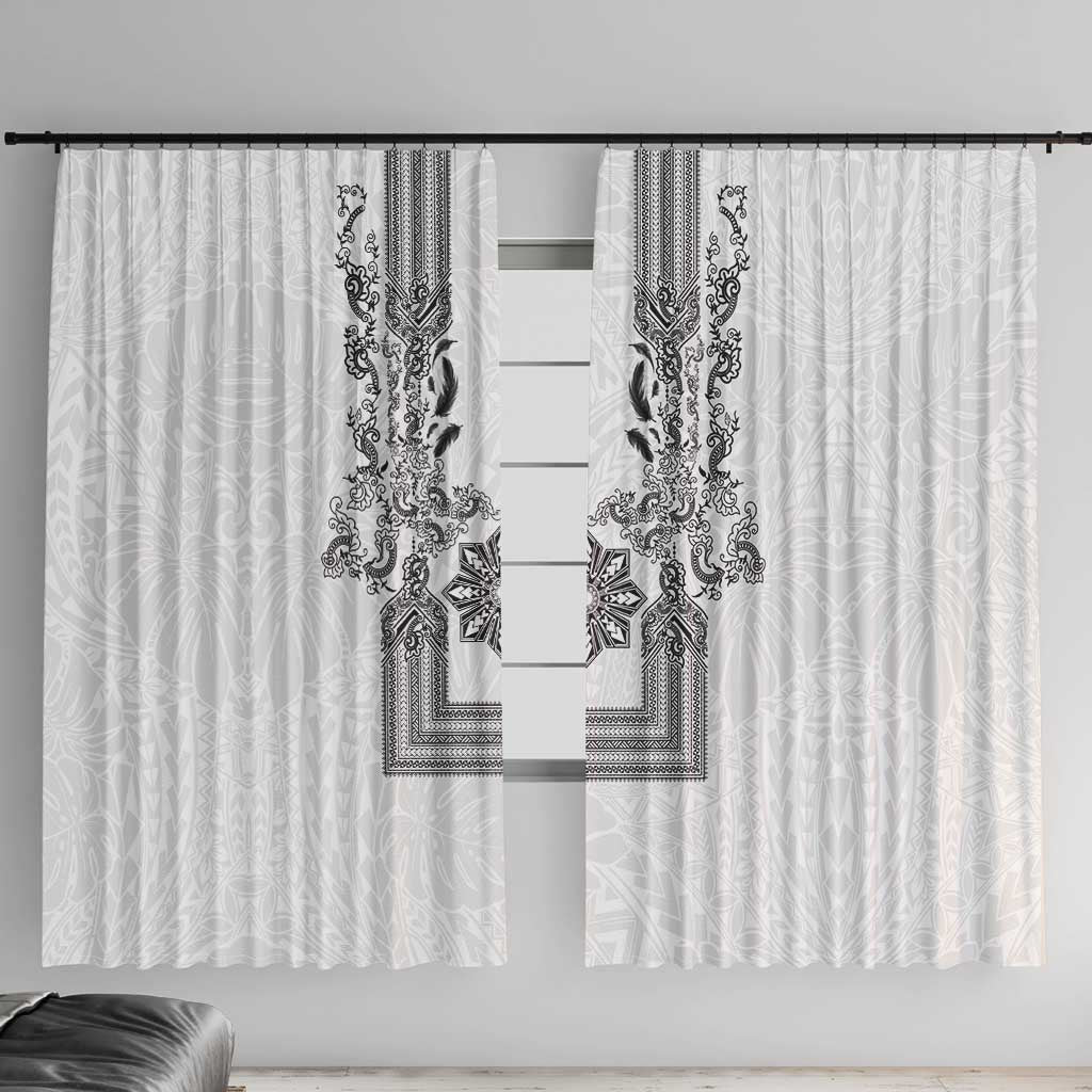 Philippines Barong Style Window Curtain with Polynesian Art and Leaf Motif Black-White Color LT03 With Hooks White - Polynesian Pride