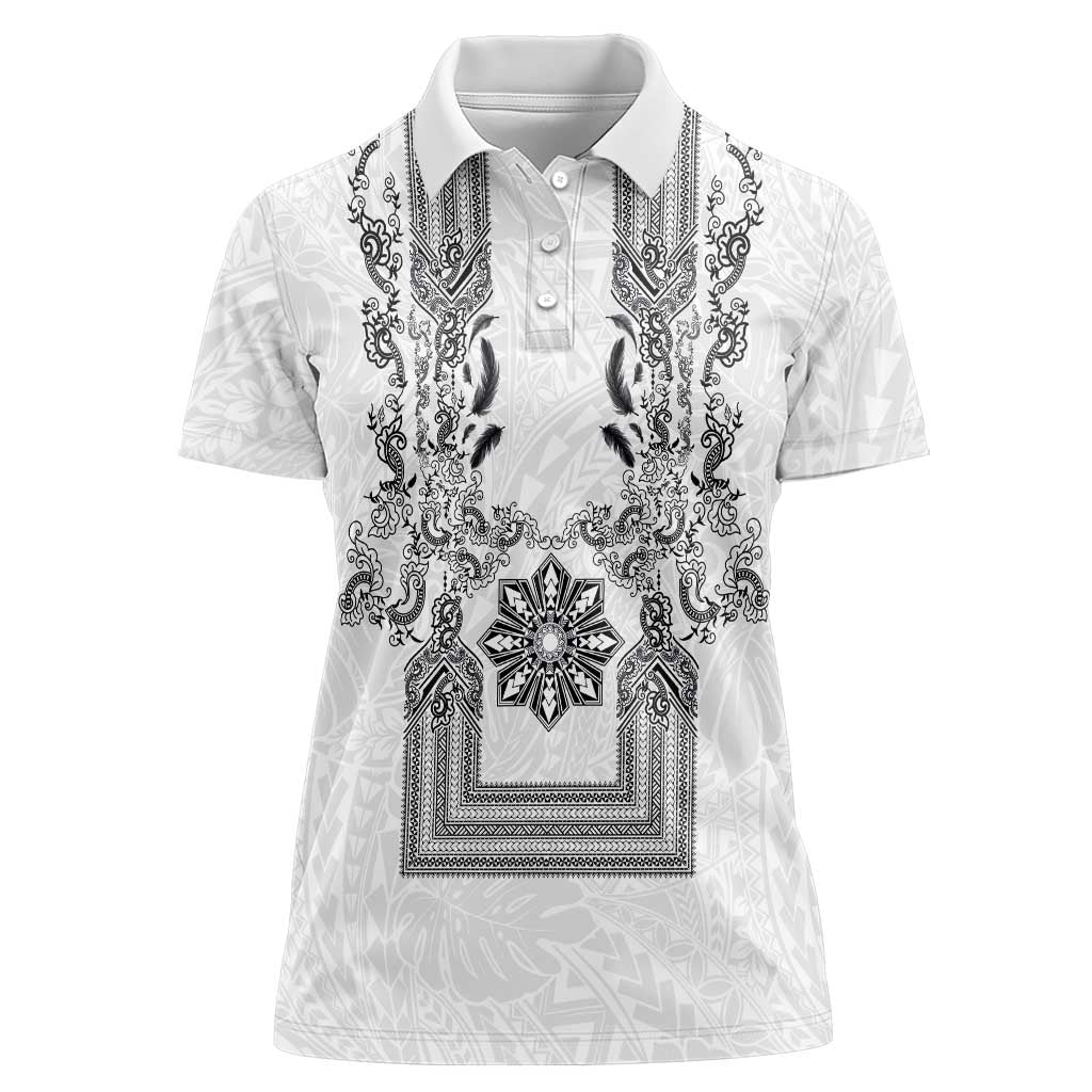Philippines Barong Style Women Polo Shirt with Polynesian Art and Leaf Motif Black-White Color LT03 Female White - Polynesian Pride