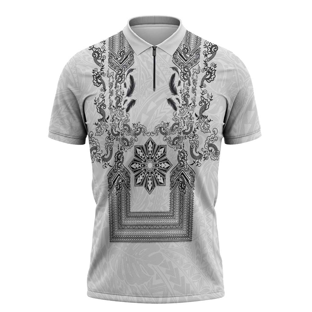 Philippines Barong Style Zipper Polo Shirt with Polynesian Art and Leaf Motif Black-White Color LT03 White - Polynesian Pride