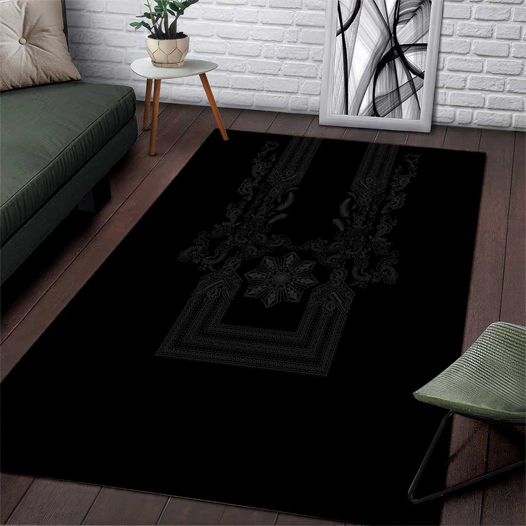 Philippines Barong Style Area Rug with Polynesian Art and Leaf Motif Black Color