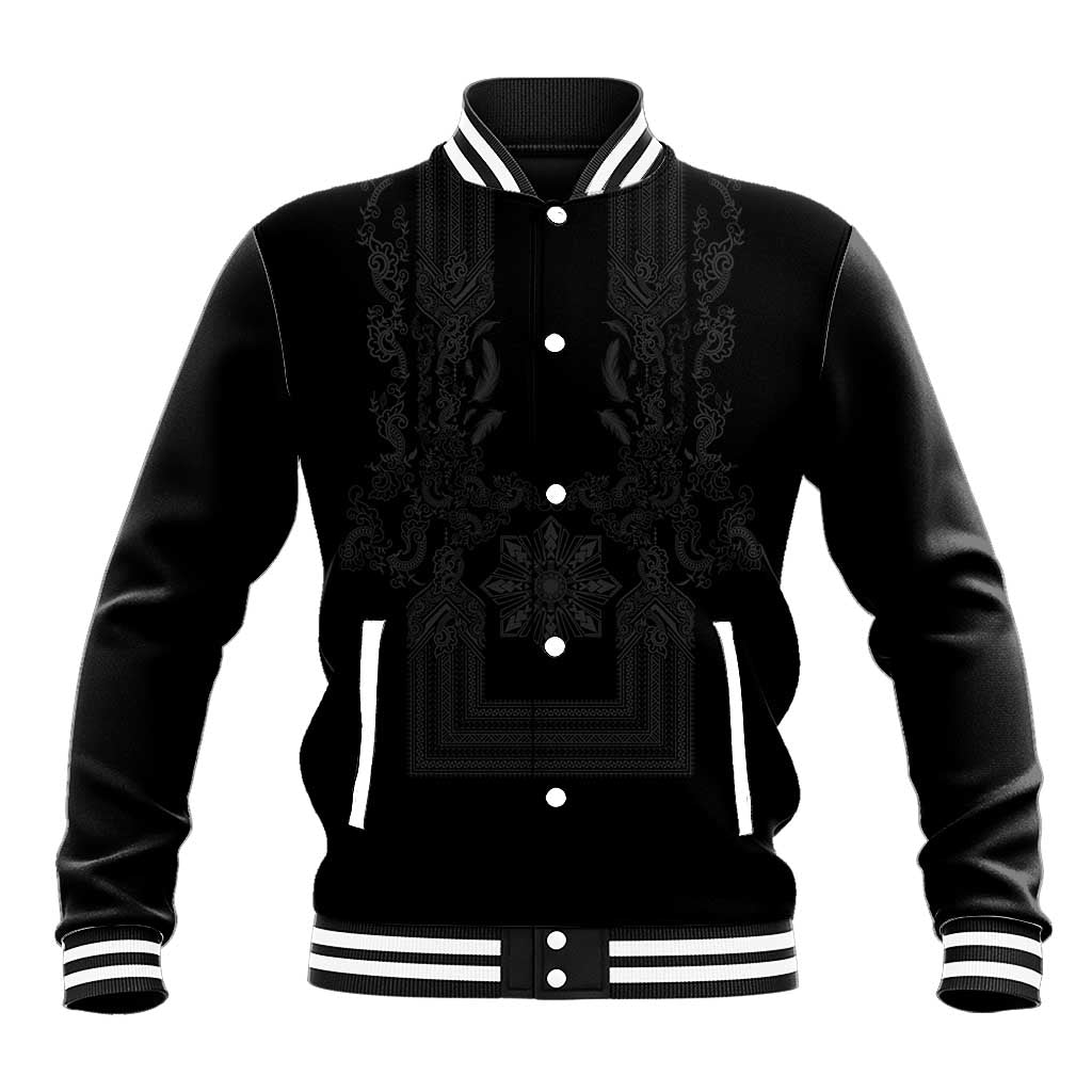 Philippines Barong Style Baseball Jacket with Polynesian Art and Leaf Motif Black Color LT03 Unisex Black - Polynesian Pride
