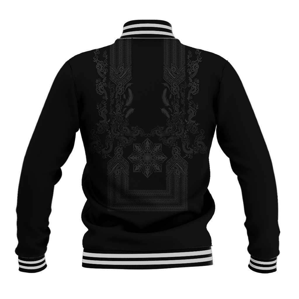 Philippines Barong Style Baseball Jacket with Polynesian Art and Leaf Motif Black Color LT03 - Polynesian Pride