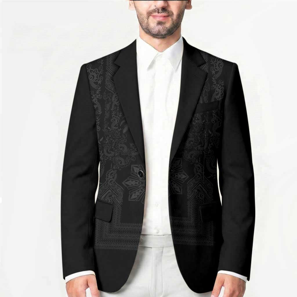Philippines Barong Style Blazer with Polynesian Art and Leaf Motif Black Color LT03 - Polynesian Pride