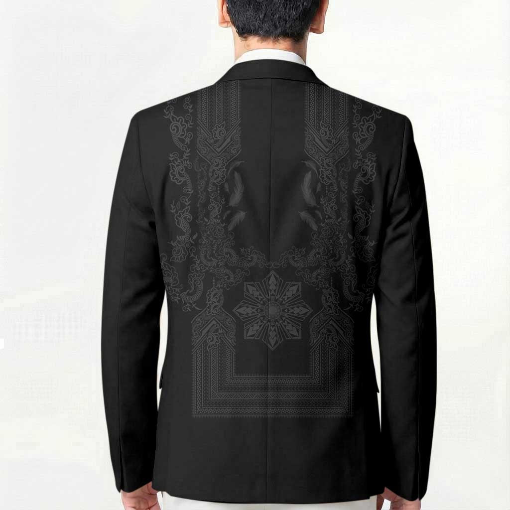 Philippines Barong Style Blazer with Polynesian Art and Leaf Motif Black Color LT03 - Polynesian Pride