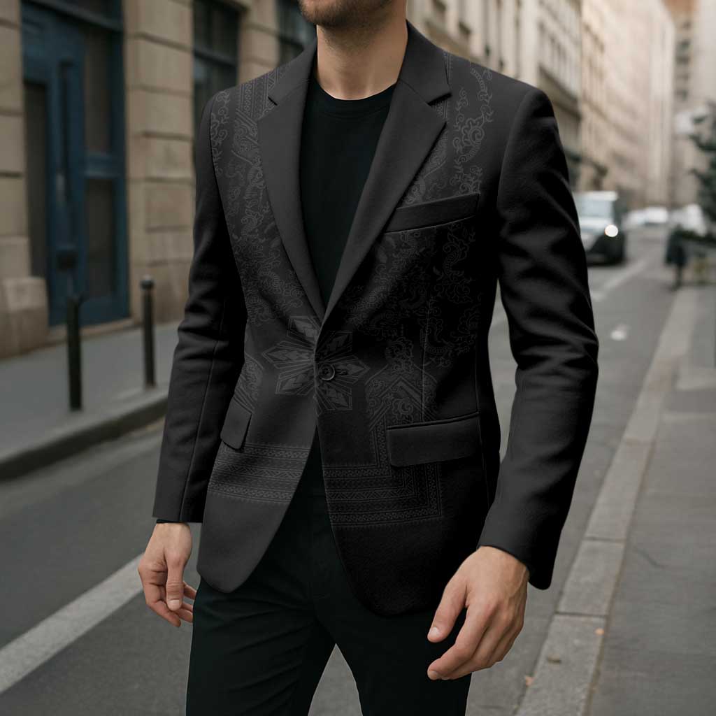 Philippines Barong Style Blazer with Polynesian Art and Leaf Motif Black Color LT03 - Polynesian Pride