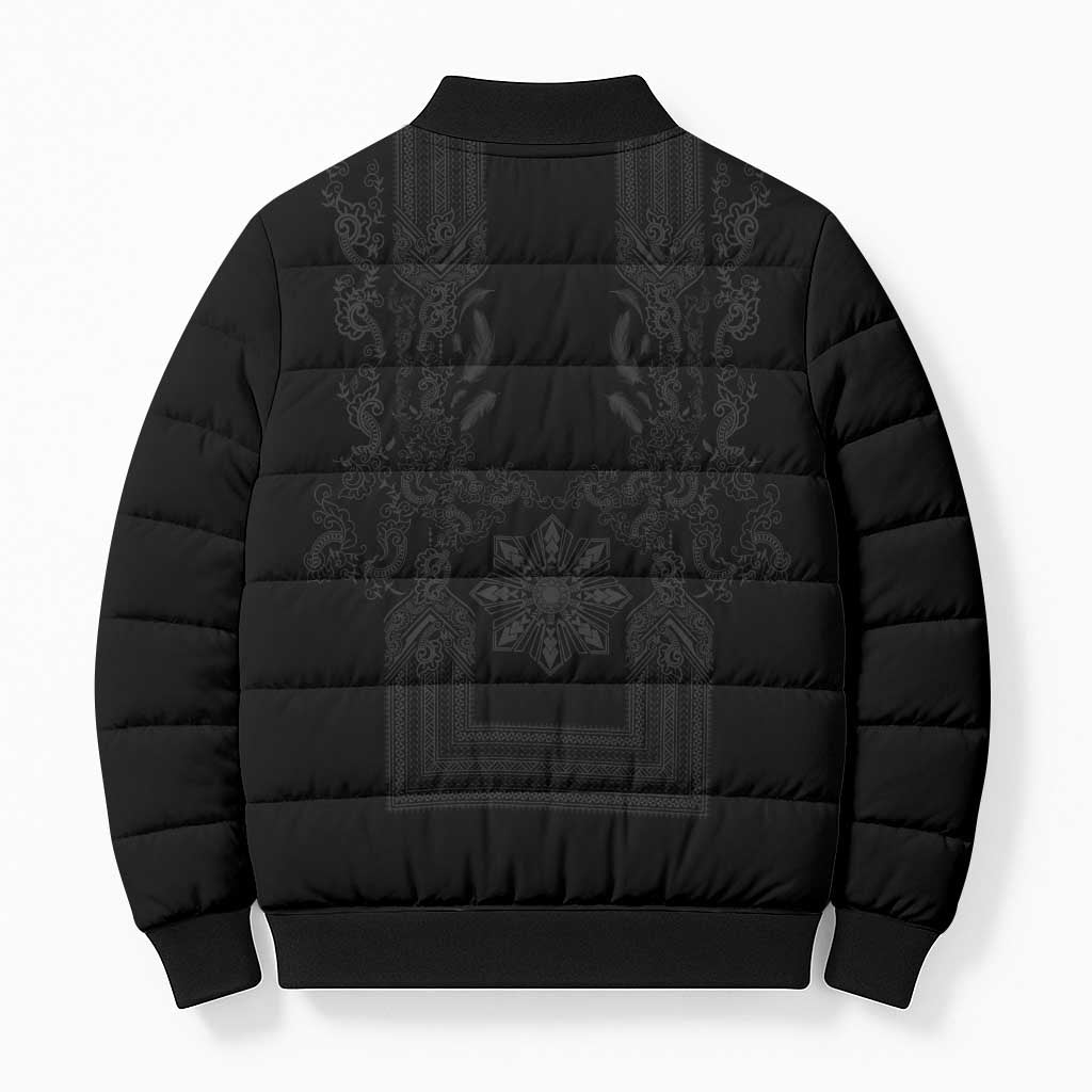 Philippines Barong Style Bomber Puffer Jacket with Polynesian Art and Leaf Motif Black Color LT03 - Polynesian Pride