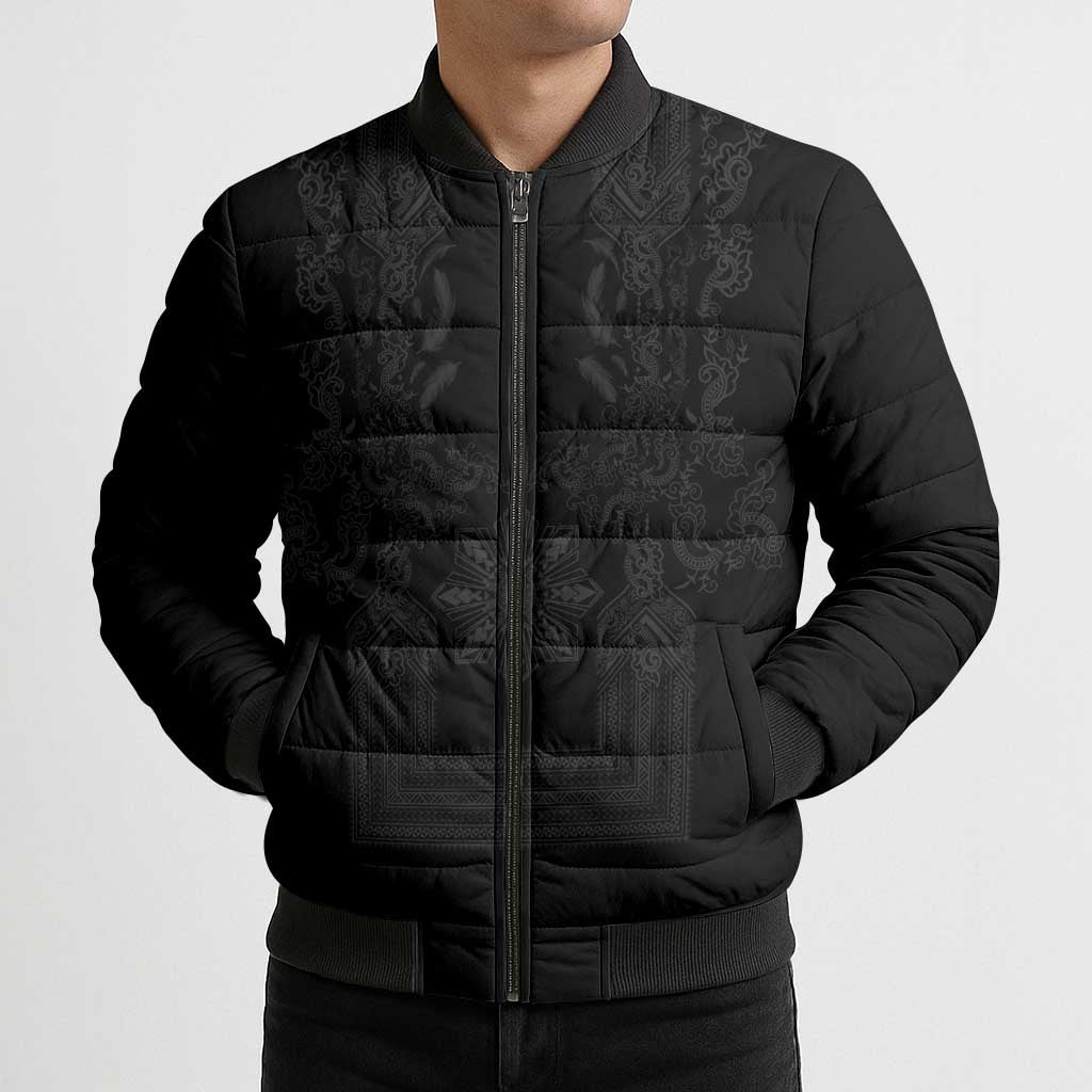 Philippines Barong Style Bomber Puffer Jacket with Polynesian Art and Leaf Motif Black Color LT03 - Polynesian Pride