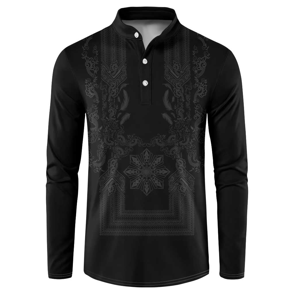 Philippines Barong Style Button Sweatshirt with Polynesian Art and Leaf Motif Black Color LT03 Black - Polynesian Pride