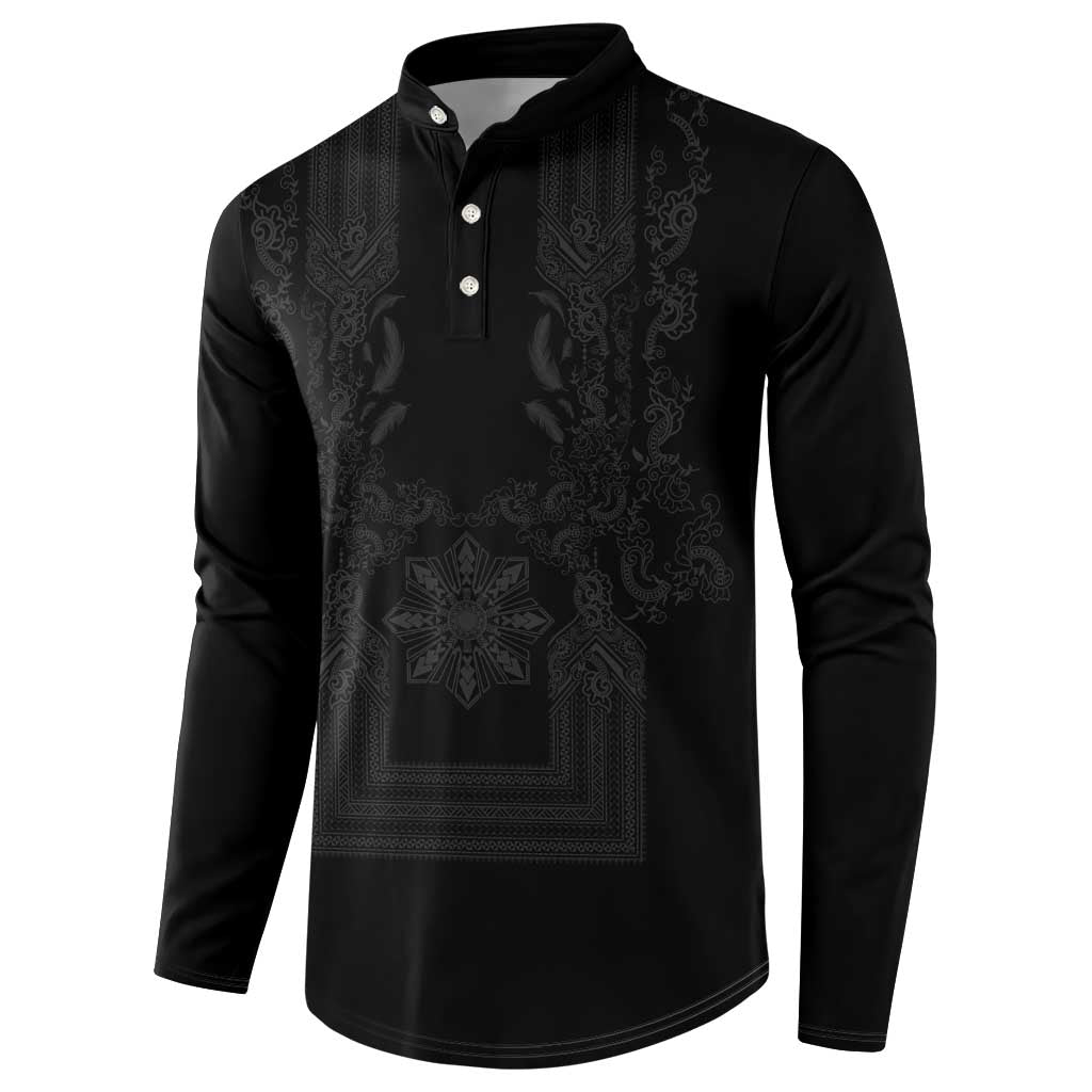 Philippines Barong Style Button Sweatshirt with Polynesian Art and Leaf Motif Black Color LT03 - Polynesian Pride