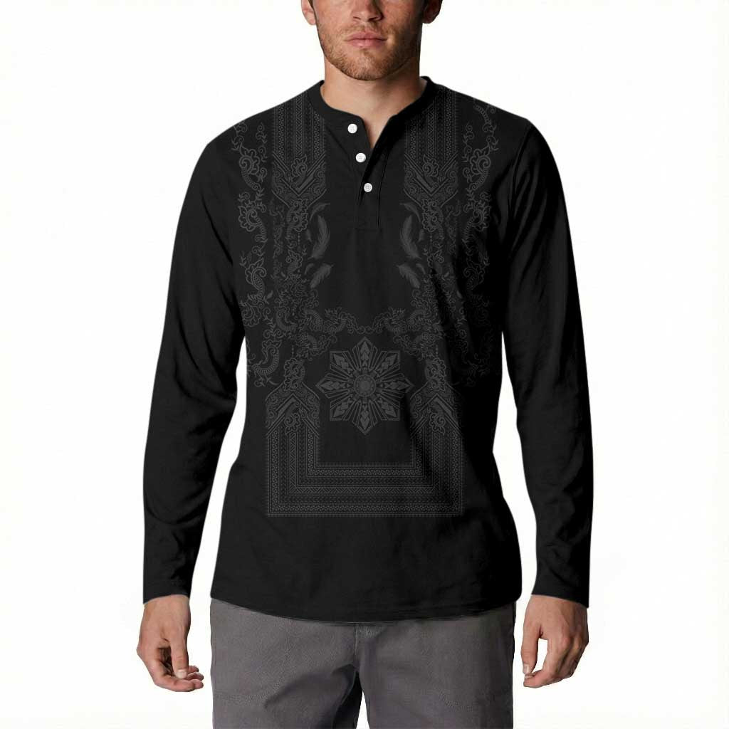 Philippines Barong Style Button Sweatshirt with Polynesian Art and Leaf Motif Black Color LT03 - Polynesian Pride