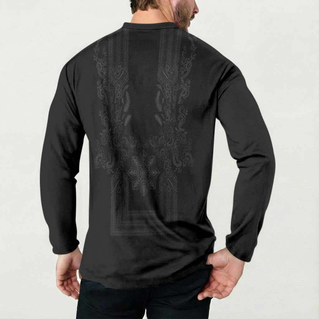 Philippines Barong Style Button Sweatshirt with Polynesian Art and Leaf Motif Black Color LT03 - Polynesian Pride