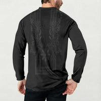 Philippines Barong Style Button Sweatshirt with Polynesian Art and Leaf Motif Black Color LT03 - Polynesian Pride