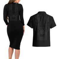 Philippines Barong Style Couples Matching Long Sleeve Bodycon Dress and Hawaiian Shirt with Polynesian Art and Leaf Motif Black Color