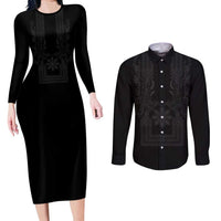 Philippines Barong Style Couples Matching Long Sleeve Bodycon Dress and Long Sleeve Button Shirt with Polynesian Art and Leaf Motif Black Color