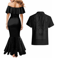 Philippines Barong Style Couples Matching Mermaid Dress and Hawaiian Shirt with Polynesian Art and Leaf Motif Black Color