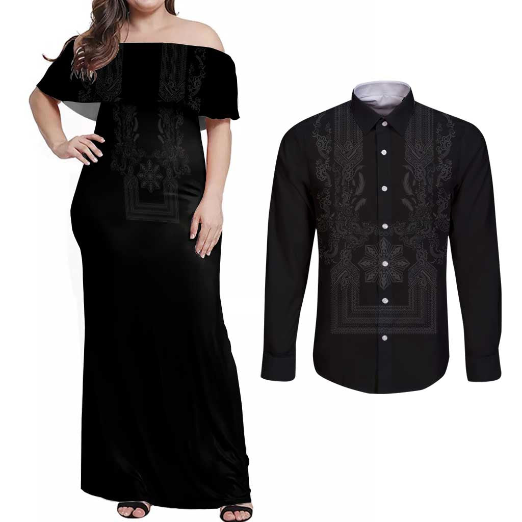 Philippines Barong Style Couples Matching Off Shoulder Maxi Dress and Long Sleeve Button Shirt with Polynesian Art and Leaf Motif Black Color LT03 Black - Polynesian Pride