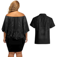 Philippines Barong Style Couples Matching Off Shoulder Short Dress and Hawaiian Shirt with Polynesian Art and Leaf Motif Black Color