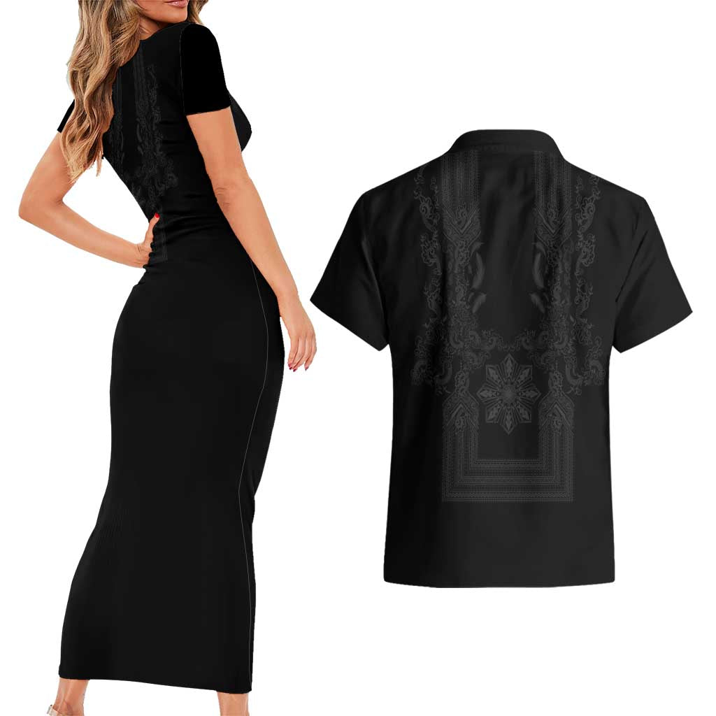 Philippines Barong Style Couples Matching Short Sleeve Bodycon Dress and Hawaiian Shirt with Polynesian Art and Leaf Motif Black Color