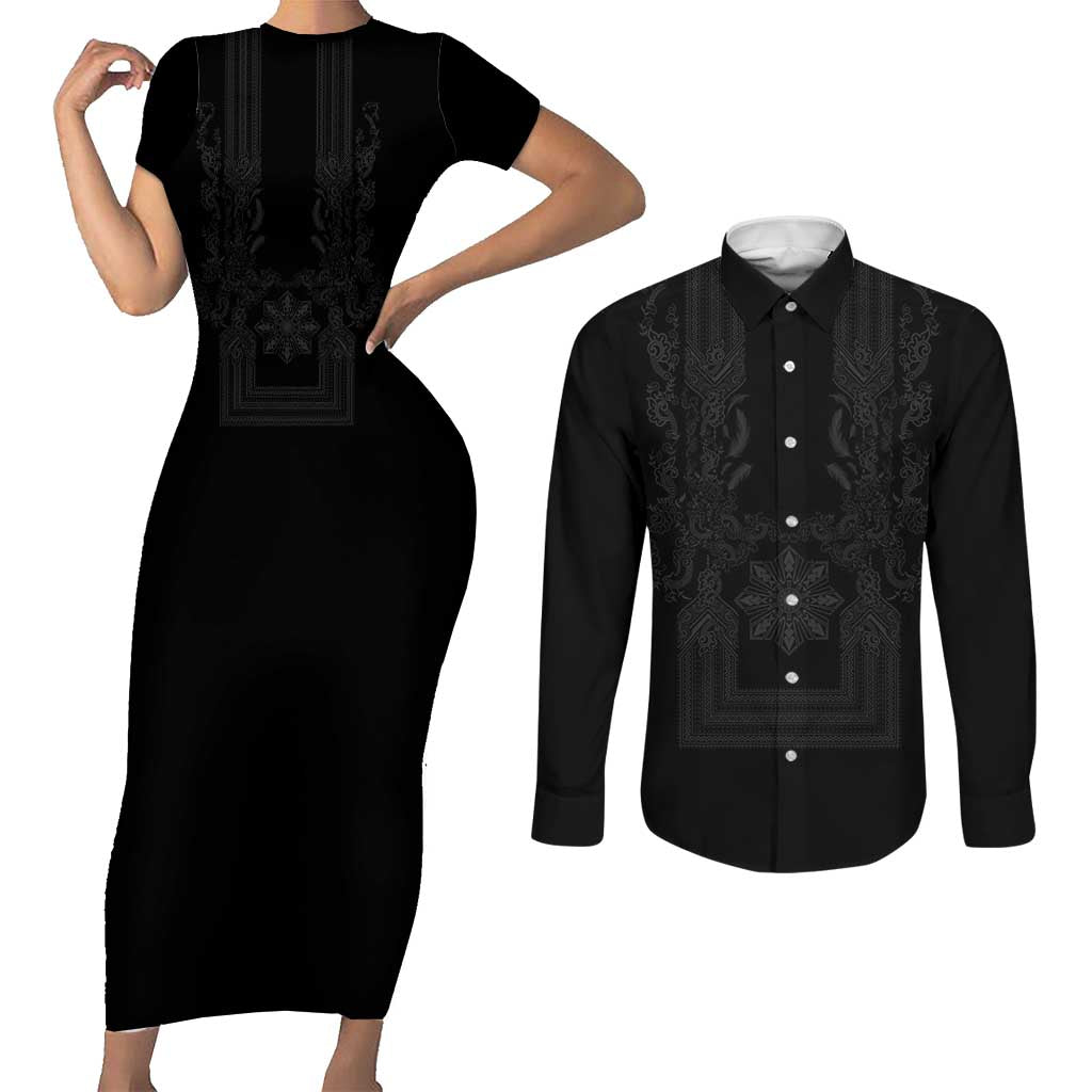 Philippines Barong Style Couples Matching Short Sleeve Bodycon Dress and Long Sleeve Button Shirt with Polynesian Art and Leaf Motif Black Color
