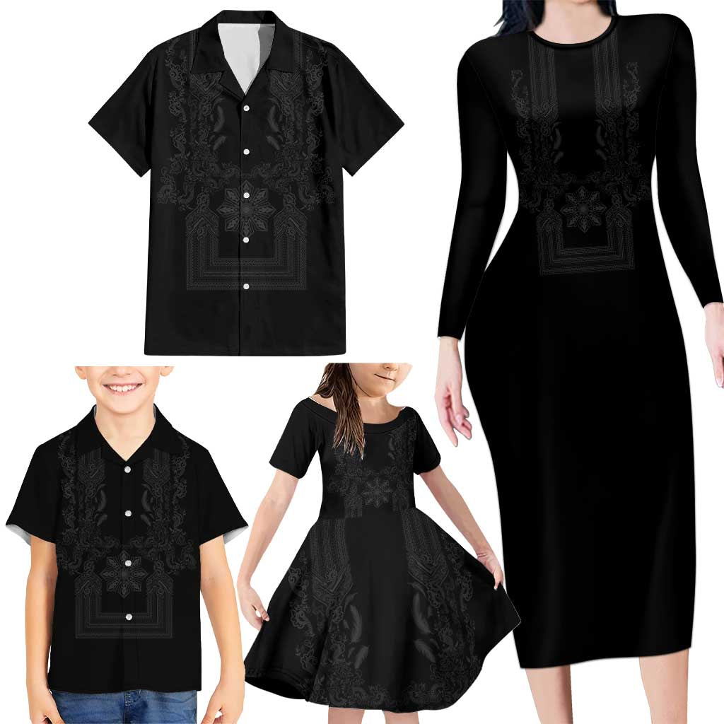 Philippines Barong Style Family Matching Long Sleeve Bodycon Dress and Hawaiian Shirt with Polynesian Art and Leaf Motif Black Color