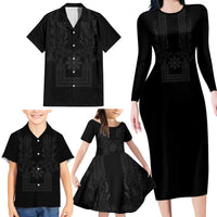 Philippines Barong Style Family Matching Long Sleeve Bodycon Dress and Hawaiian Shirt with Polynesian Art and Leaf Motif Black Color