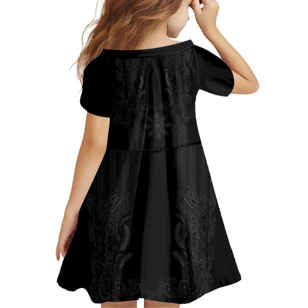 Philippines Barong Style Family Matching Mermaid Dress and Hawaiian Shirt with Polynesian Art and Leaf Motif Black Color