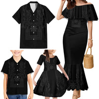 Philippines Barong Style Family Matching Mermaid Dress and Hawaiian Shirt with Polynesian Art and Leaf Motif Black Color