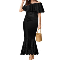 Philippines Barong Style Family Matching Mermaid Dress and Hawaiian Shirt with Polynesian Art and Leaf Motif Black Color