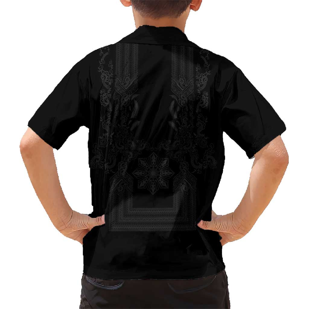 Philippines Barong Style Family Matching Off The Shoulder Long Sleeve Dress and Hawaiian Shirt with Polynesian Art and Leaf Motif Black Color