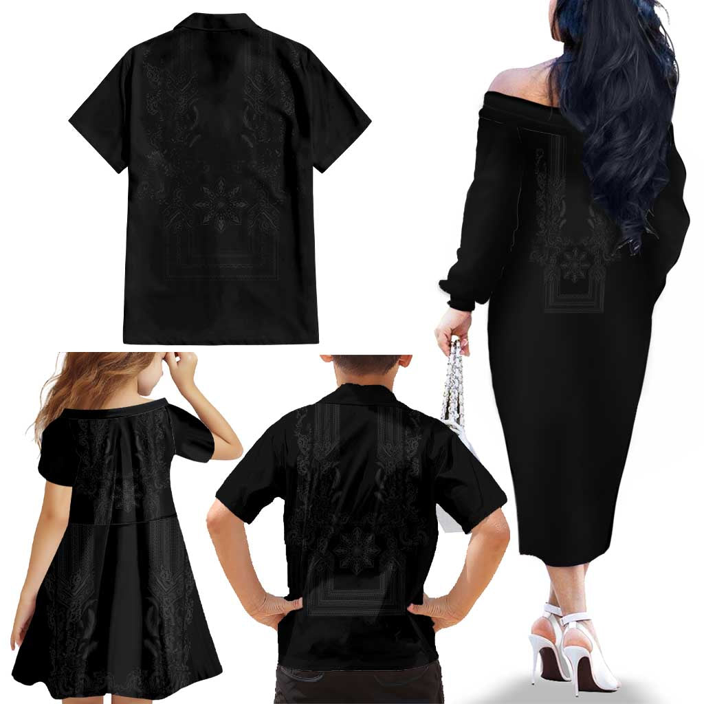 Philippines Barong Style Family Matching Off The Shoulder Long Sleeve Dress and Hawaiian Shirt with Polynesian Art and Leaf Motif Black Color