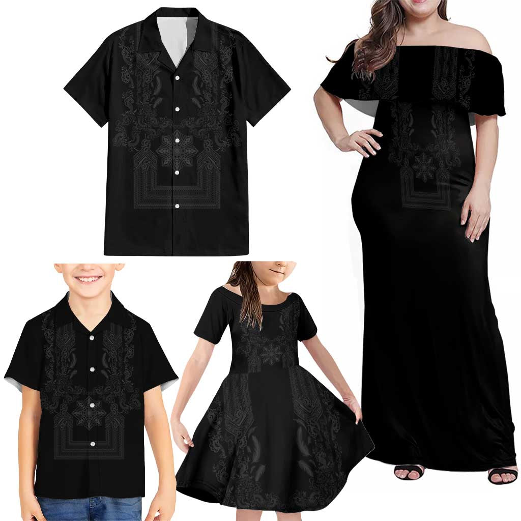 Philippines Barong Style Family Matching Off Shoulder Maxi Dress and Hawaiian Shirt with Polynesian Art and Leaf Motif Black Color