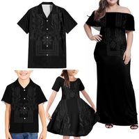 Philippines Barong Style Family Matching Off Shoulder Maxi Dress and Hawaiian Shirt with Polynesian Art and Leaf Motif Black Color