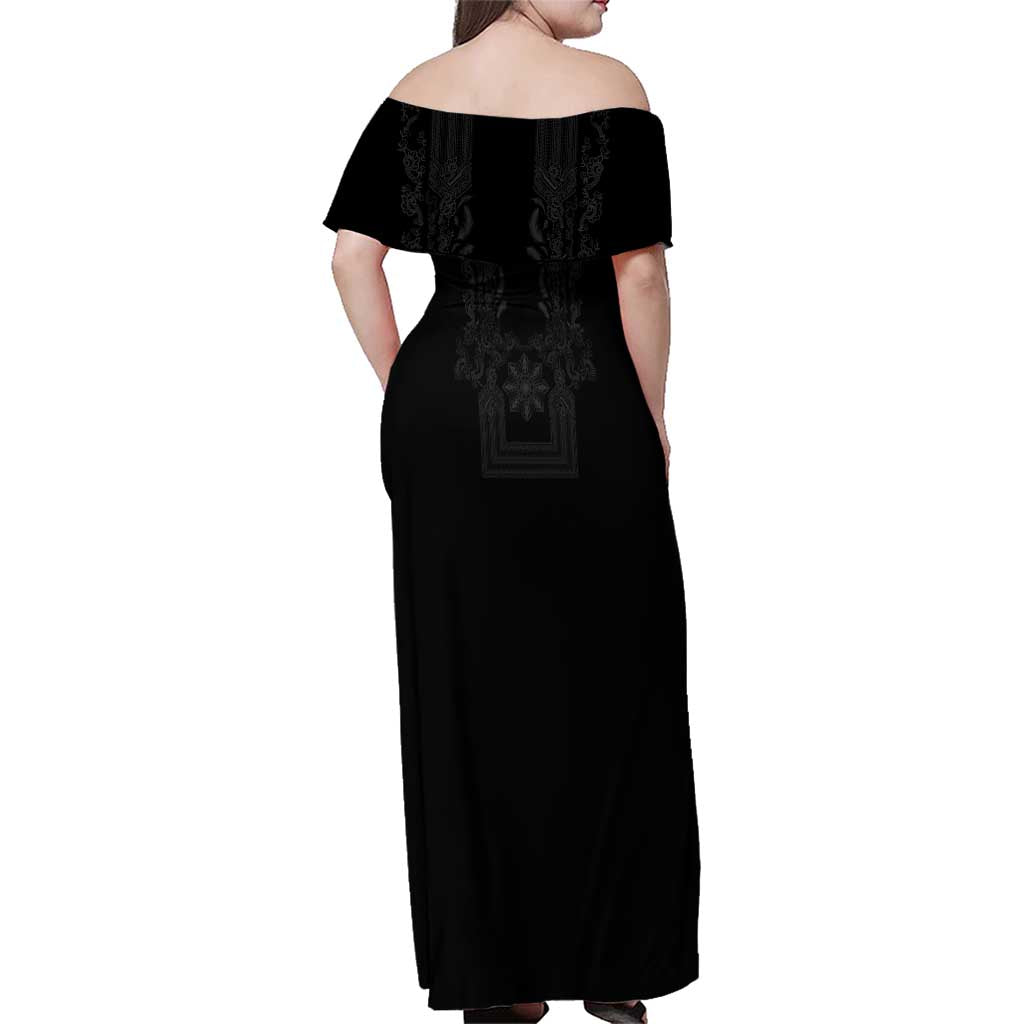 Philippines Barong Style Family Matching Off Shoulder Maxi Dress and Hawaiian Shirt with Polynesian Art and Leaf Motif Black Color
