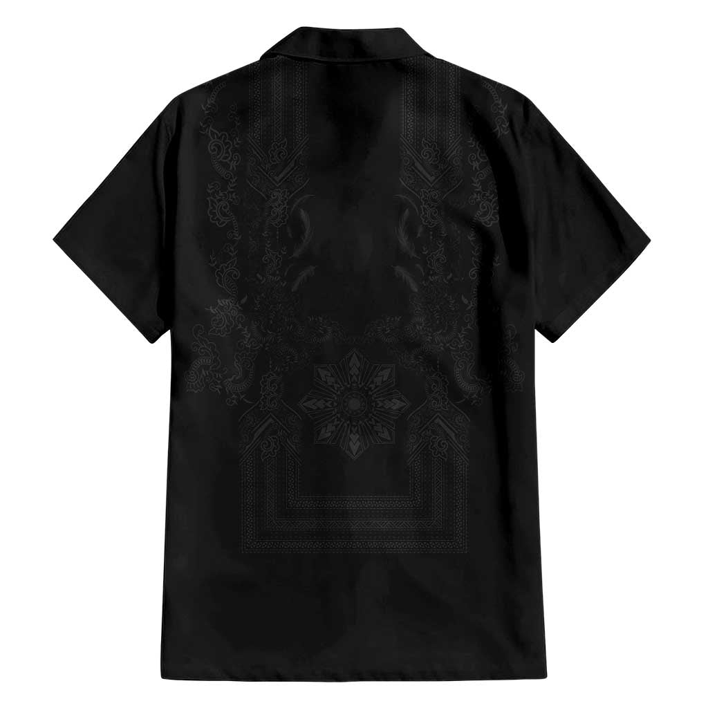 Philippines Barong Style Family Matching Short Sleeve Bodycon Dress and Hawaiian Shirt with Polynesian Art and Leaf Motif Black Color