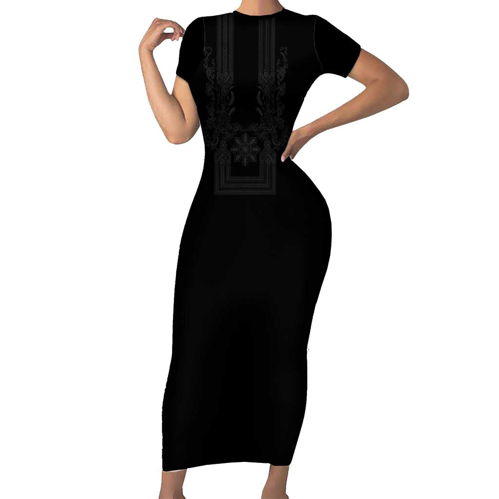 Philippines Barong Style Family Matching Short Sleeve Bodycon Dress and Hawaiian Shirt with Polynesian Art and Leaf Motif Black Color