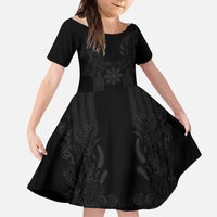 Philippines Barong Style Family Matching Summer Maxi Dress and Hawaiian Shirt with Polynesian Art and Leaf Motif Black Color