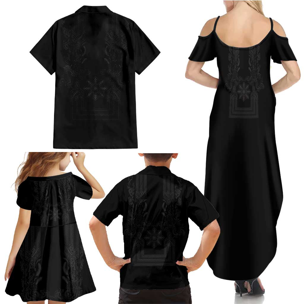 Philippines Barong Style Family Matching Summer Maxi Dress and Hawaiian Shirt with Polynesian Art and Leaf Motif Black Color