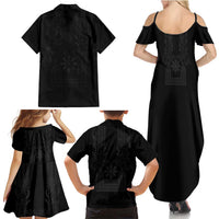 Philippines Barong Style Family Matching Summer Maxi Dress and Hawaiian Shirt with Polynesian Art and Leaf Motif Black Color