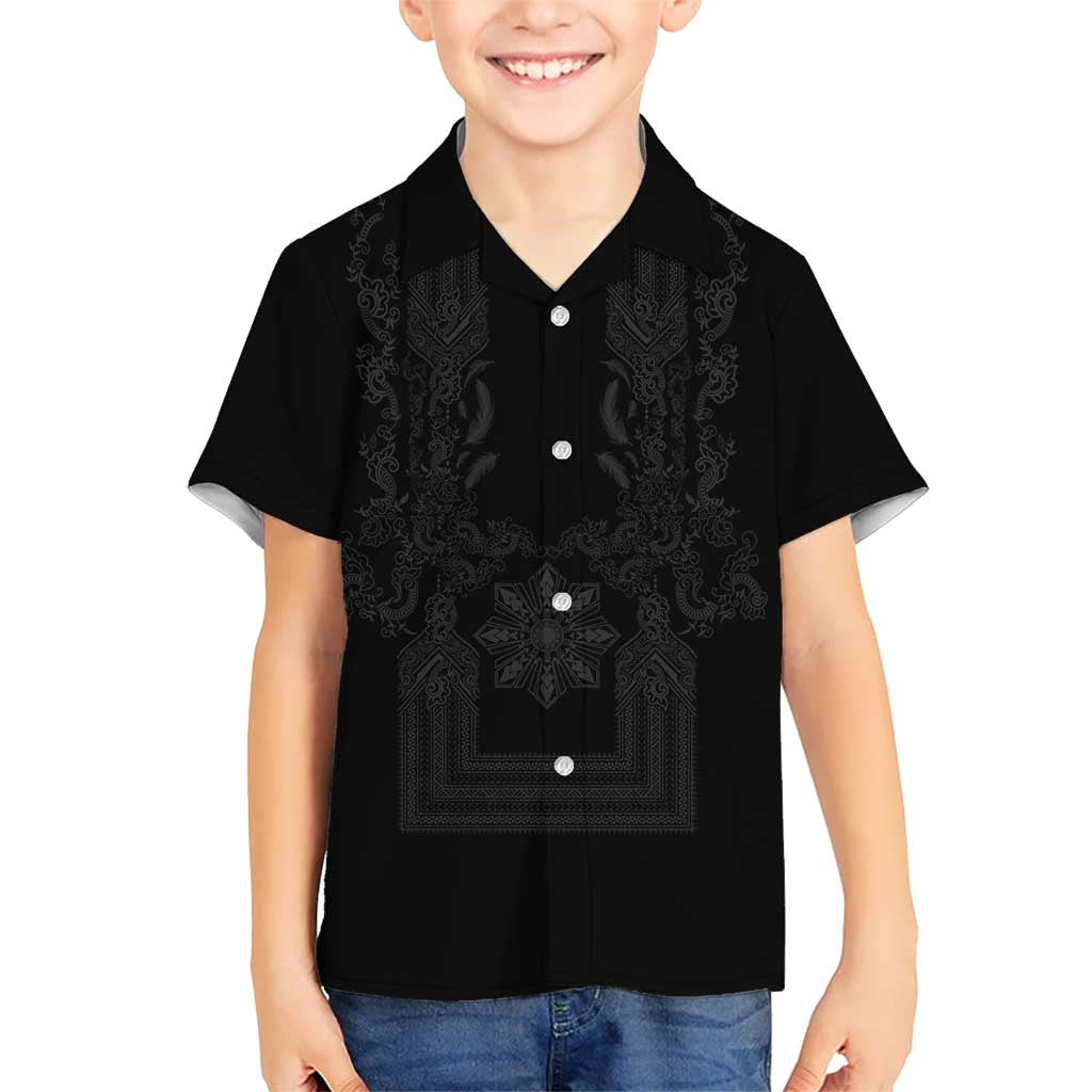 Philippines Barong Style Family Matching Summer Maxi Dress and Hawaiian Shirt with Polynesian Art and Leaf Motif Black Color