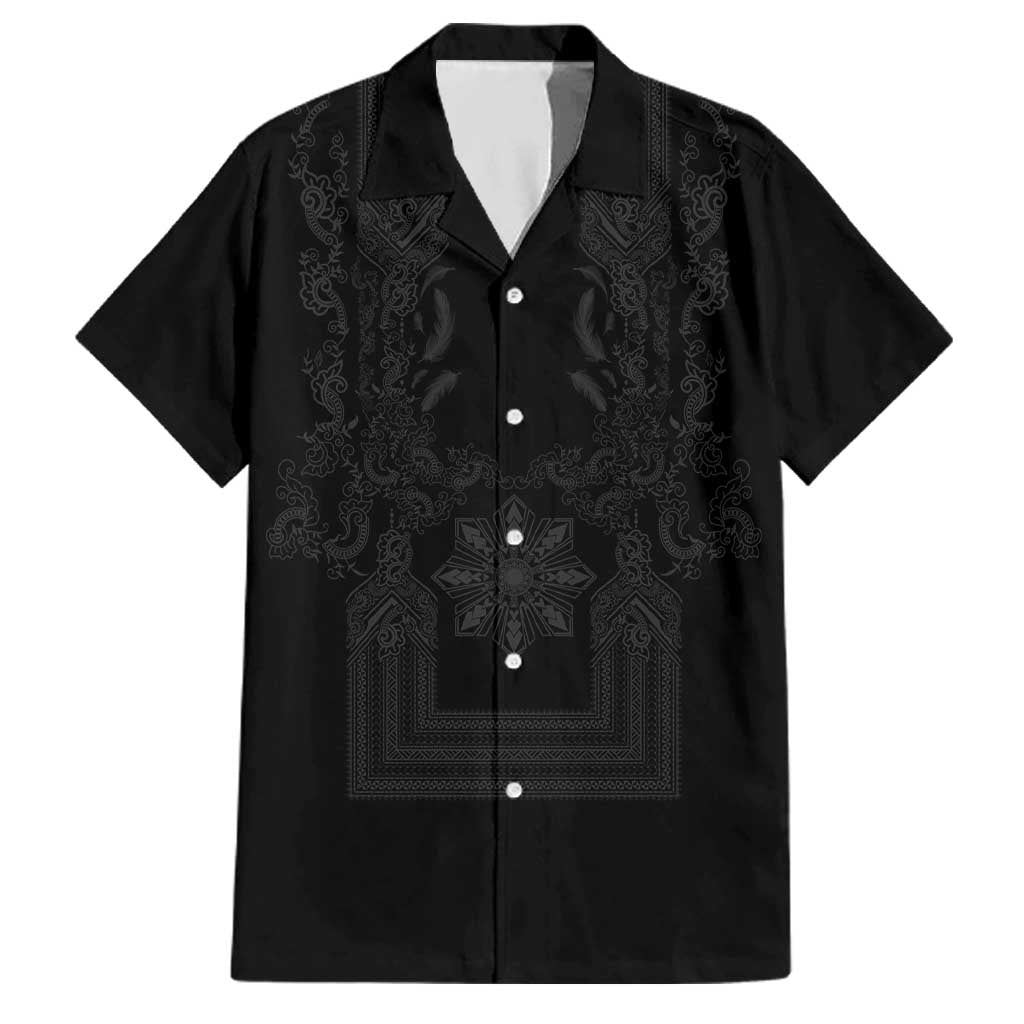 Philippines Barong Style Family Matching Tank Maxi Dress and Hawaiian Shirt with Polynesian Art and Leaf Motif Black Color