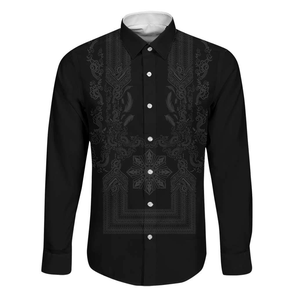 Philippines Barong Style Family Matching Tank Maxi Dress and Hawaiian Shirt with Polynesian Art and Leaf Motif Black Color