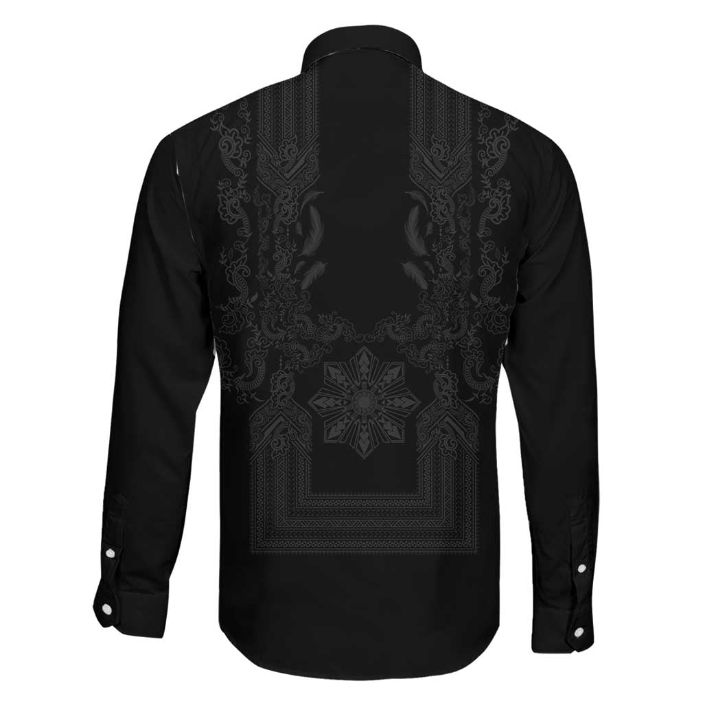 Philippines Barong Style Family Matching Tank Maxi Dress and Hawaiian Shirt with Polynesian Art and Leaf Motif Black Color