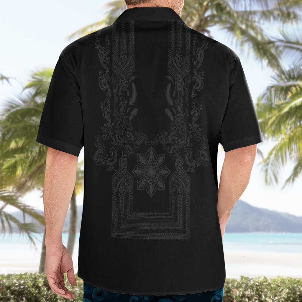 Philippines Barong Style Hawaiian Shirt with Polynesian Art and Leaf Motif Black Color LT03 - Polynesian Pride