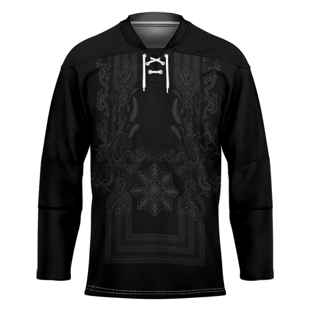 Philippines Barong Style Hockey Jersey with Polynesian Art and Leaf Motif Black Color LT03 Unisex Black - Polynesian Pride