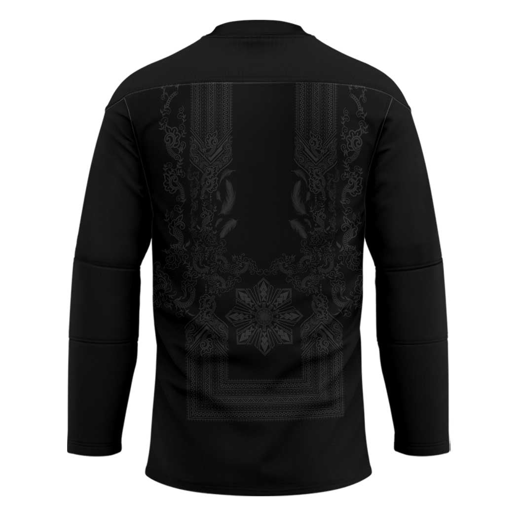 Philippines Barong Style Hockey Jersey with Polynesian Art and Leaf Motif Black Color LT03 - Polynesian Pride